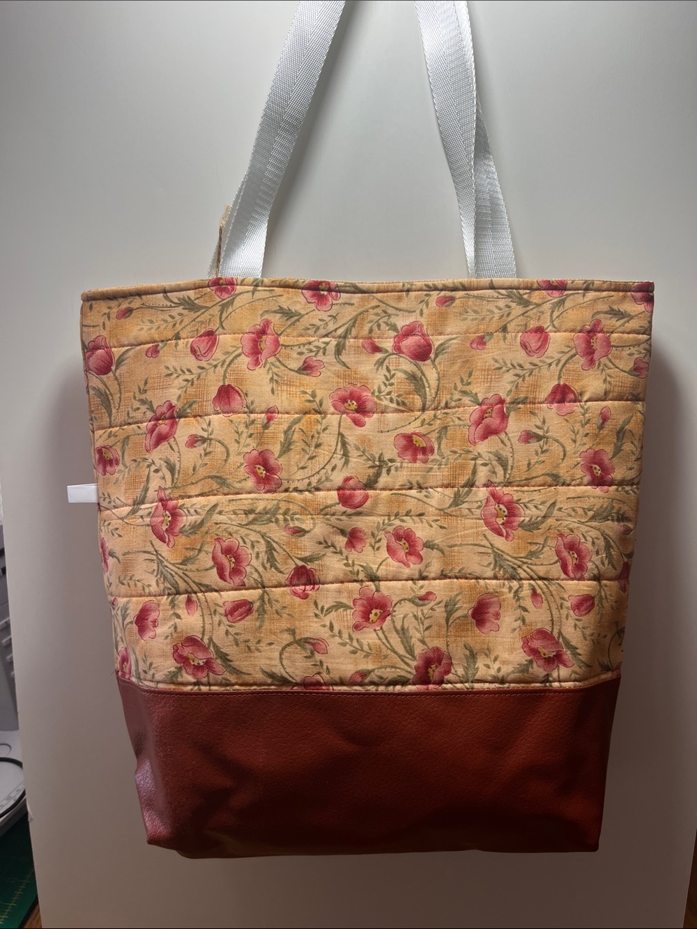 Floral Quilted Tote with Brown Faux Leather Base